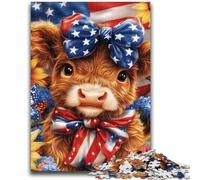 Puzzle 1000 pièces pour Adultes Drapeau américain Highland Cow Family Game Anti-Stress Défi Difficile Convient aux Couples 50x75cm