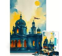 Puzzle 1000 pièces pour Adultes Église à l'aquarelle au Coucher du Soleil Découpe de Haute précision Facile à Apprendre Idéal pour Toute la Famille (38x26cm)