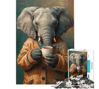 Puzzle 1000 pièces pour Adultes Éléphant en Cardigan Buvant du café Stimule Le Cerveau Décoration Parfaite Jeu de réflexion Convient aux 14 Ans et Plus (38x26cm)