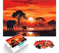 Puzzle 1000 pièces pour Adultes Éléphants d'Afrique au Coucher du Soleil Jeu Pratique Offrir en Cadeau à Toute la Famille 38x26cm