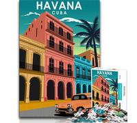 Puzzle 1000 pièces pour Adultes et Adolescents, Affiche de Voyage La Havane à Cuba, Anti-Stress, séjour, Tue-Temps, avec Affiche et fiche de Questions-réponses Assorties (75x50cm)