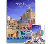 Puzzle 1000 pièces pour Adultes et Adolescents, Affiche de Voyage Naples, Italie, Anti-Stress, Vacances à la Maison, avec Affiche et fiche de Questions-réponses Assorties (38x26cm)