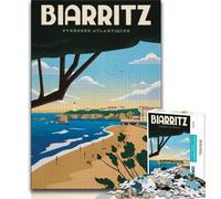 Puzzle 1000 pièces pour Adultes et Adolescents Biarritz, Anti-Stress, séjour de Vacances, Tue-Temps avec Affiche et fiche de Questions Assorties (38x26cm)