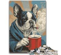 Puzzle 1000 pièces pour Adultes et Adolescents Bouledogue français Buvant du café Puzzles pour Adolescents, Casse-tête - Cadeau d'anniversaire pour Homme (75x50cm)