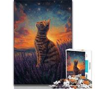 Puzzle 1000 pièces pour Adultes et Adolescents, Chat Lavande, Jouets de Divertissement Familial avec Affiche et fiche de Questions Assorties 38x26cm