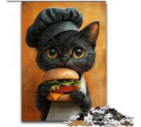 Puzzle 1000 pièces pour Adultes et Adolescents Chat Mangeant Un Hamburger, Jeu Stimulant et Familial avec des pièces de Formes aléatoires entièrement emboîtables (Taille 50x75cm)