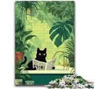 Puzzle 1000 pièces pour Adultes et Adolescents Chat Noir dans la Baignoire Anti-Stress Séjour de Vacances Tuer Le Temps avec Affiche Assortie et Feuille de Questions 26x38cm