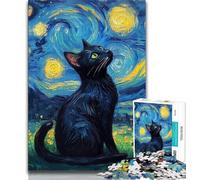 Puzzle 1000 pièces pour Adultes et Adolescents Chat Noir sous Le Ciel Nocturne, Anti-Stress, Vacances à la Maison, Passe-Temps, améliore l'amour Entre Couples (75x50cm)