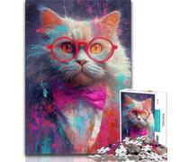 Puzzle 1000 pièces pour Adultes et Adolescents Chat Portant des Lunettes, Anti-Stress, séjour, Tuer Le Temps, liste de souhaits avec Le Père Noël (38x26cm)