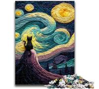 Puzzle 1000 pièces pour Adultes et Adolescents Chat sous Le Ciel étoilé Art au Fusain Staycation Kill Time pour la décoration de la Maison 26x38cm