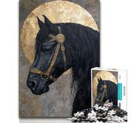 Puzzle 1000 pièces pour Adultes et Adolescents Cheval Noir et doré, Anti-Stress, Vacances à la Maison, avec Affiche et fiche de Questions-réponses Assorties (75x50cm)