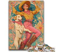 Puzzle 1000 pièces pour Adultes et Adolescents, Chien Cow-Girl dans Les Fleurs Sauvages, Jeu éducatif pour Anniversaire et Noël, à partir de 14 Ans, 26x38cm