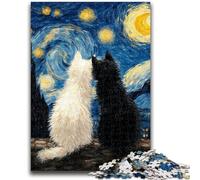 Puzzle 1000 pièces pour Adultes et Adolescents, Ciel étoilé, Chat Noir et Blanc, avec Affiche et fiche de Questions-réponses, à partir de 14 Ans (38x26cm)