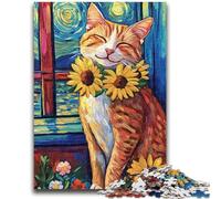 Puzzle 1000 pièces pour Adultes et Adolescents Ciel Nocturne Tournesol Chat Entraînez Votre Cerveau et Vos Mains Cadeaux pour Amis et Famille 38x26cm