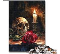Puzzle 1000 pièces pour Adultes et Adolescents, crâne, Rose Rouge, Bougie, à partir de 14 Ans, décoration d'intérieur, pour Toute la Famille et Les Amis (Taille 50x75cm)