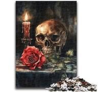 Puzzle 1000 pièces pour Adultes et Adolescents, crâne, Rose Rouge, Bougie, Design Vibrant et Unique, expérience de Puzzle relaxante et stimulante 50x75cm