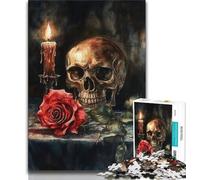 Puzzle 1000 pièces pour Adultes et Adolescents, crâne, Rose Rouge, Bougie, Jeu éducatif Familial, décoration Murale, Cadeaux d'anniversaire et de Noël Uniques, 38x52cm
