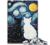 Puzzle 1000 pièces pour Adultes et Adolescents, Jeu de Chat Noir et Blanc avec Ciel étoilé, Chaque pièce est Unique - Jeu Familial Stimulant et Amusant 50x75cm