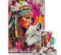 Puzzle 1000 pièces pour Adultes et Adolescents Le Loup et la Jeune Indienne, Jeu Stimulant, Jouets, décoration Murale, Cadeaux d'anniversaire et de Noël Uniques (38x26cm)