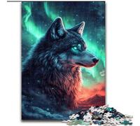 Puzzle 1000 pièces pour Adultes et Adolescents Loup sous l'aurore boréale, Anti-Stress, Vacances à la Maison, Tue Le Temps avec Affiche Assortie et Feuille de Questions 50x75cm