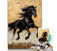 Puzzle 1000 pièces pour Adultes et Adolescents Motif Cheval Noir et doré idéal pour Les Adolescents Anti-Stress pour Passer Un Bon Moment et améliorer l'amour Entre Couples 75x50cm