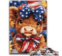 Puzzle 1000 pièces pour Adultes et Adolescents,Motif Vache des Highlands avec Drapeau américain,pour Adolescents,pour Tuer Le Temps en Vacances,avec Affiche et fiche de Questions-réponses Assorties