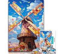 Puzzle 1000 pièces pour Adultes et Adolescents Moulins à Vent colorés, Art au Fusain, pour Une Escapade relaxante et Une décoration d'intérieur (38x26cm)