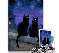 Puzzle 1000 pièces pour Adultes et Adolescents Night Sky Ciel Nocturne Chat Noir, Anti-Stress Staycation Kill Time Interaction Parent-Enfant (38x26cm)