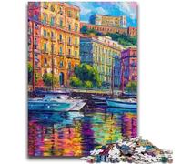 Puzzle 1000 pièces pour Adultes et Adolescents, Peinture du Front de mer de Naples, Italie, avec Affiche et fiche de Questions-réponses, à partir de 14 Ans (38x26cm)