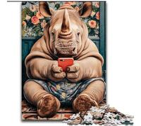 Puzzle 1000 pièces pour Adultes et Adolescents Rhinocéros Jouant avec Un téléphone Portable, Jeu Familial pour Une décoration intérieure Unique et des Cadeaux pour Les 14 Ans 26 x 38 cm