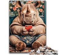 Puzzle 1000 pièces pour Adultes et Adolescents rhinocéros Jouant avec Un téléphone Portable Puzzles pour Adultes, Anti-Stress, séjour, Tuer Le Temps, liste de souhaits avec Le Père Noël (50x75cm)