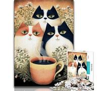 Puzzle 1000 pièces pour Adultes et Adolescents Trois Chats Buvant du café, Jeu Stimulant et Familial avec Affiche et fiche de Questions-réponses (75x50cm)