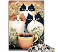 Puzzle 1000 pièces pour Adultes et Adolescents Trois Chats Buvant du café, Jouets de Divertissement Familial avec Affiche et fiche de Questions-réponses (26x38cm)
