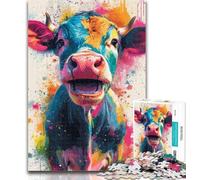 Puzzle 1000 pièces pour Adultes et Adolescents : Vache Mignonne Souriante, Puzzle 1000 pièces, avec Affiche et fiche de Questions-réponses Assorties, pour Les 14 Ans et Plus, 26 x 38 cm