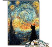 Puzzle 1000 pièces pour Adultes et Adolescents Van Gogh Ciel Nocturne Chat Noir Difficile à compléter mais Amusant et Humoristique avec Affiche Assortie et Feuille de Questions 26x38cm