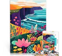 Puzzle 1000 pièces pour Adultes Falaises côtières irlandaises avec Fleurs Art Minimaliste Casse-tête pour Idées Cadeaux 52x38cm