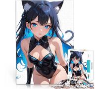 Puzzle 1000 pièces pour Adultes Fille Chat animée en Body Noir - Collection Série Bleue 01 Jeu Stimulant Jeu de défi Unique 38x52cm