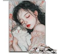 Puzzle 1000 pièces pour Adultes Fille endormie et Chat Puzzle Impossible pour Adultes 26x38cm Décoration d'intérieur colorée et Jeu Familial interactif