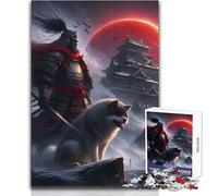 Puzzle 1000 pièces pour Adultes:Guerrier samouraï et château sous la Lune Rouge Jeu de défi Unique et Rapide à réaliser Jouet éducatif Dimensions:38x26cm.