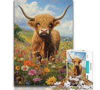 Puzzle 1000 pièces pour Adultes Highland Cow and Flowers, 1000 pièces pour Adultes, Anti-Stress, défi Difficile, décoration d'intérieur Unique et Cadeaux 75x50cm