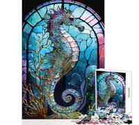Puzzle 1000 pièces pour Adultes Hippocampe Vitrail Jeu éducatif Idée Cadeau d'anniversaire Jeu Impossible Renforce l'amour au Sein du Couple Dimensions 38x26cm