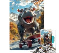 Puzzle 1000 pièces pour Adultes Hippopotame Souriant Faisant du Skateboard Jeu Relaxant et éducatif pour Les Jeux et Les Femmes (Dimensions 38x52cm)