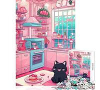 Puzzle 1000 pièces pour Adultes Illustration d'un Chat Mignon dans Une Cuisine Rose Jeu de réflexion Décoration Murale Jouet pour renforcer l'amour Entre Couples (38x52cm)