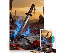Puzzle 1000 pièces pour Adultes Katana brisé sur Champ de Bataille avec Flammes Bleues,Jeu de réflexion Artistique et Amusant,idéal pour Passer Le Temps ou comme Cadeau d'anniversaire (38x52cm)