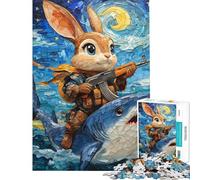 Puzzle 1000 pièces pour Adultes Lapin armé chevauchant Un Requin dans Une Nuit étoilée Jeu pour Adultes Décoration Murale Cadeau d'anniversaire Défi éducatif (Taille 38x52cm)