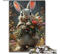 Puzzle 1000 pièces pour Adultes Lapin avec Fleurs en Bois, décoration Artistique DIY Parfaite ou Cadeau d'anniversaire 50x75cm pour Anniversaire, Vacances, Noël, Halloween