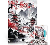 Puzzle 1000 pièces pour Adultes Lavis à l'encre des Temples Japonais Impossible Activités Amusantes à la Maison, Cadeaux d'anniversaire, Cadeaux de Voyage, 38x26cm