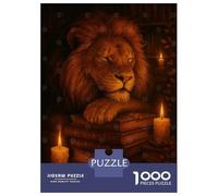 Puzzle 1000 Pièces pour Adultes Lion Sleeping on Books with Candles Puzzle Adulte - Jeu De Réflexion - Vacances À La Maison - Tuer Le Temps - Faire Travailler Son Cerveau 38x26cm/1000pcs