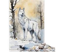 Puzzle 1000 pièces pour Adultes Loup Blanc Aquarelle Puzzle Carré pour Adultes et Puzzles en Bois Décoration Maison Cadeaux de Vacances 1000 pièces (75 x 50 cm)