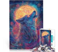 Puzzle 1000 pièces pour Adultes Loup Hurlant à la Lune Cosmique Soulagement du Stress Activités Amusantes à la Maison, Cadeaux d'anniversaire, Cadeaux de Voyage, 50x70cm